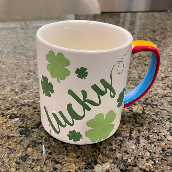 LANG Irish "Lucky" Coffee Tea Mug Ceramic Rainbow Handle Shamrocks St. Patty's - Picture 1 of 8